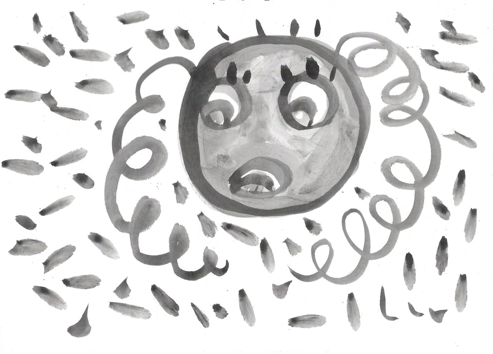 A grey ink painting of a scared blob with eyes, 2 curls and a bunch of strokes flying around it