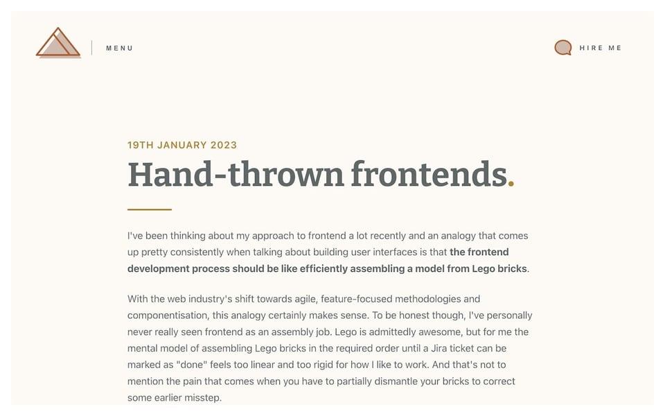 A blog post with the title Hand-thrown frontends
