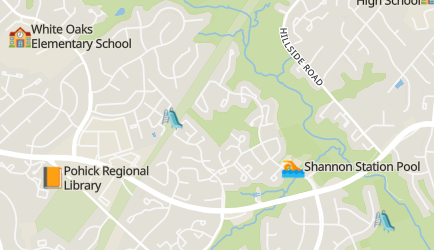 A screenshot from OSM Kids! featuring Pohick Regional Library. The map also includes markers for White Oaks Elementary School, Shannon Station Pool, and two playgrounds nearby.