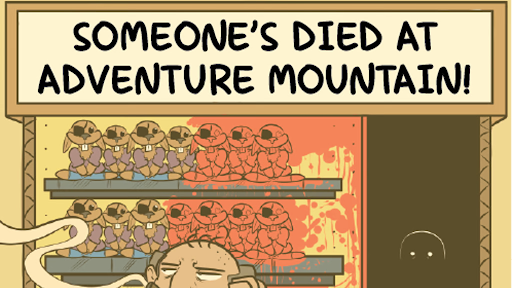 Banner for Someone's Died at Adventure Mountain. A bored carnival worker smokes in front of a prize stand that has blood splatters on it.