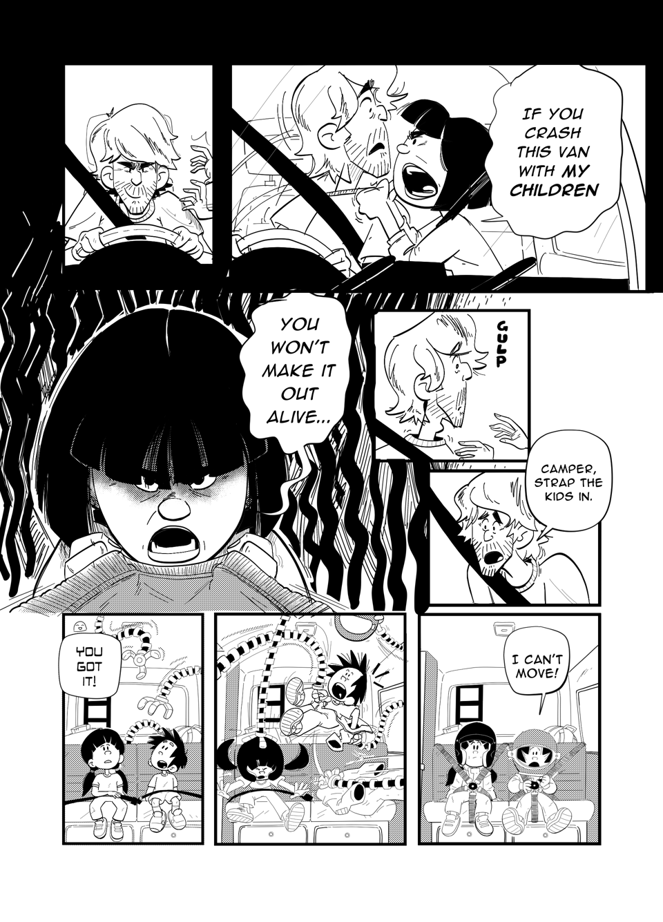 Worldracers Japan pg 5, Panel 1, Dad leans in, intently toward the steering wheel. A pair of hands reach towards him. Panel 2, Mom grabs Dad by the collar, 