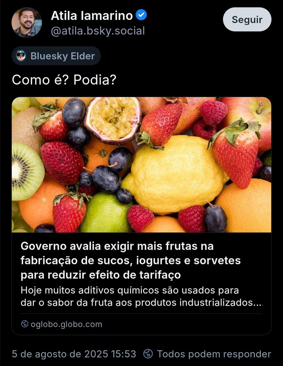 Imagem mostra post de @atila onde ele posta link pra matéria d’O Globo e o texto: “Como é? Podia?”