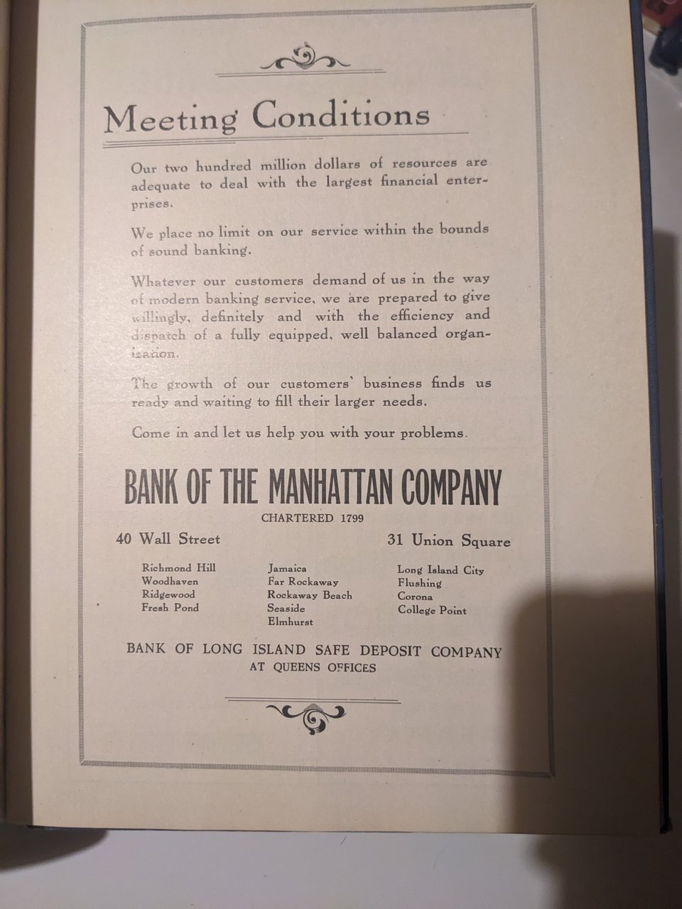An advertisement for the Bank of the Manhattan Company.