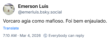 Post de Emerson Luis (‪@emerluis.bsky.social) com o texto: ‬
Vorcaro agia como mafioso. Foi bem enjaulado.