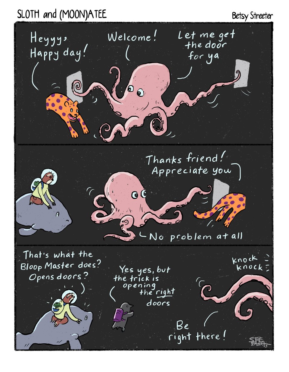 Sloth and Moon-atee comic in which Octopus demonstrates the interdimensional bloop