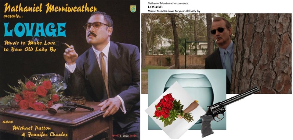 A color photograph of "Nathaniel Merriweather" (Dan the Automator), a Japanese man in a suit and tie, wearing tinted glasses, and holding a cigarette. He sits at small table, gripping it with his other hand. On the table are a bouquet of roses and an old fashioned revolver. He looks towards the left.