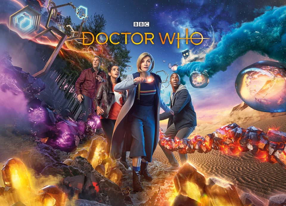 Graham, Yaz, the 13th Doctor, and Ryan against an alien backdrop