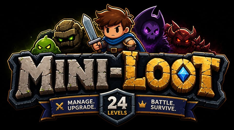 A clean, cartoon-style image of the "Mini-Loot" logo. A determined looking hero is depicted above the title, surrounded by monsters. The tag line under the title reads "Manage. Upgrade. Battle. Survive."