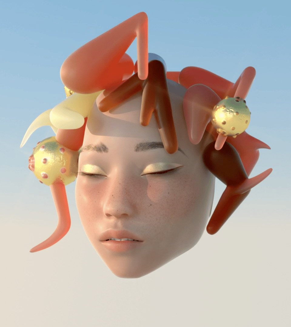 a computer generated image of a disembodied youthful face wearing gold makeup on their closed eyelids and orange jelly-like objects all over their head