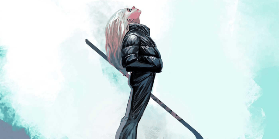 A girl with a hockey stick looks above her.