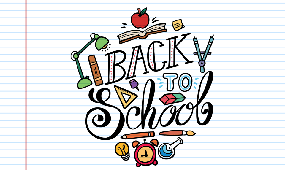 a generic back to school graphic with little cartoon images of books, pens, etc