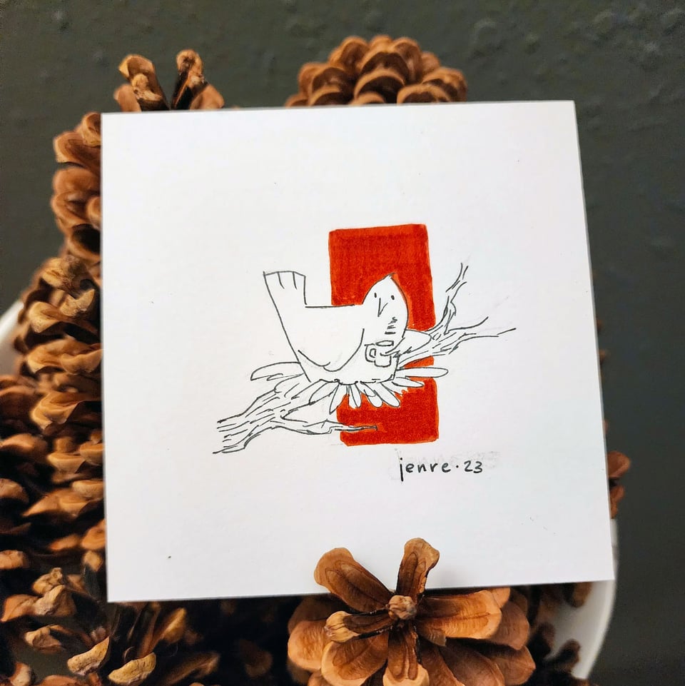 Pen and ink drawing of a bird sitting in a tree branch, holding a mug of coffee in one wing.