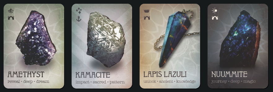 Four cards from the Rock Oracle Deck, including art and keywords (Amethyst, Kamacite, Lapis Lazuli, and Nuumite)