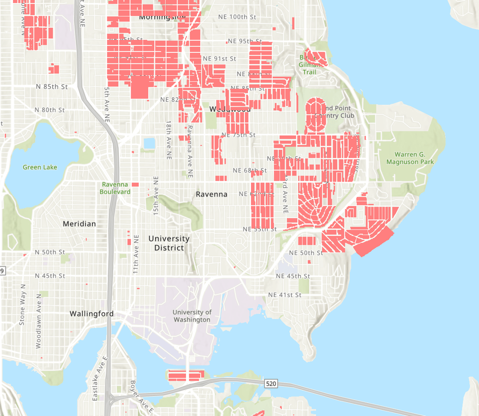 An image showing a small piece of the new racially restrictive covenants maps centered on neighborhoods in North Seattle.