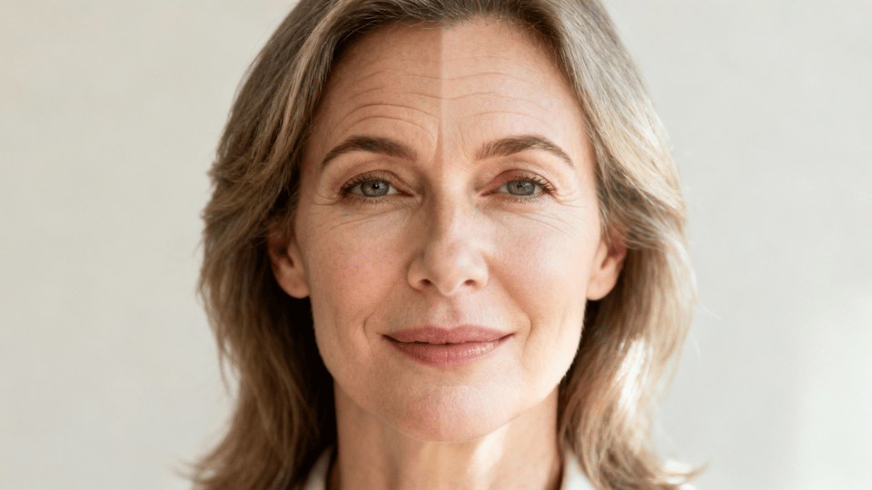 Close-up of a woman's face, one side with wrinkles, the other smoother, for an anti-aging comparison.