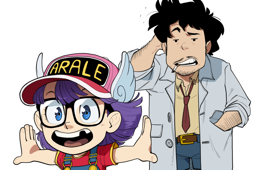 Arale runs forward happily as Dr. Slump scratches his head in the background