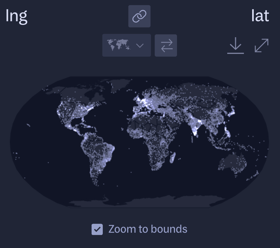 Dots on a world map, representing cities around the world, with brighter clusters of dots representing dense areas