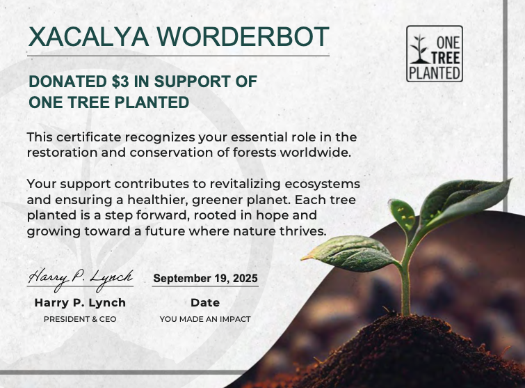Certificate showing donation to One Tree Planted charity ($3 for 3 trees).