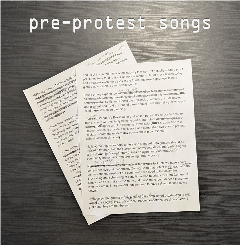 A faux mixtape cover with two sheets of marked up paper with the title "pre-protest songs"