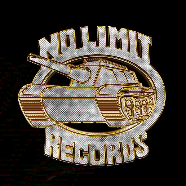 The logo for No Limit records, which looks like a silver and gold medallion, with No Limit on top of an oval shape, and Records on the bottom of it, and a tank in the center.