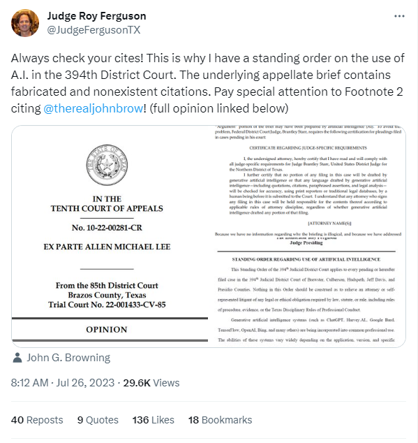 Twitter post from Judge Roy Henderson of Texas, about an appellate brief with erroneous and fictitious case citations
