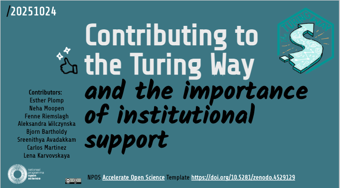 A screenshot of the topic of the presentation: Contributing to the Turing Way - and the importance of institutional support.