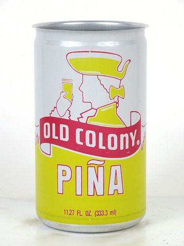 A soda can with a man in a tricorn hat and powdered wig in profile. He's holding a glass full of "Old Colony Pineapple" soda