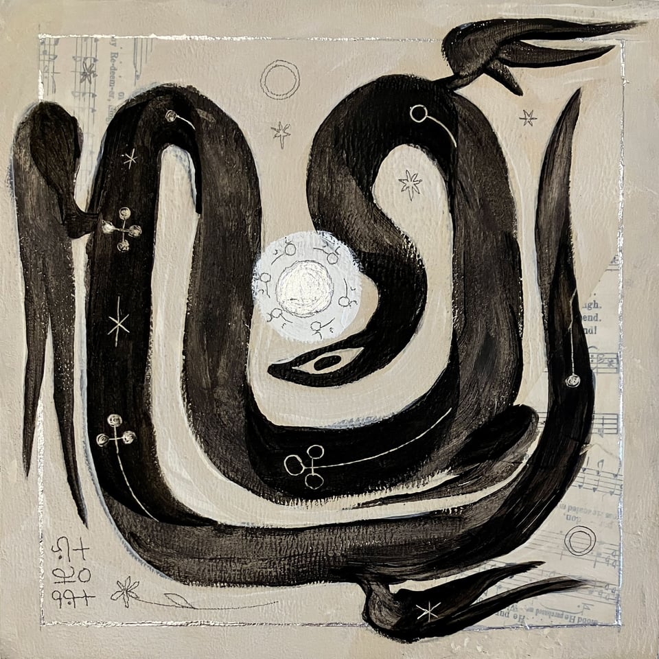 A winged serpent winds around the composition in a vague U shape, covered in sigils, and crowned with a silver halo encircled with the word 'holy' in Wormrōte. The background is patched with collage of hymns, rings, stars, a flower, and the word 'entanglement' in Wormrōte.