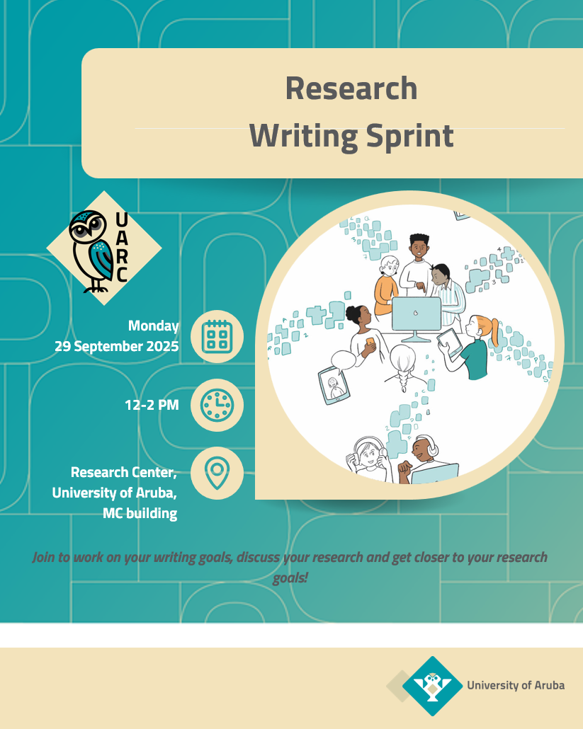 Research Writing Sprint announcement, taking place on Monday 29 September 2025 from 12-2 PM at the Research Center of the University of Aruba in the MC building. Join to work on your writing goals, discuss your research and get closer to your research goals!