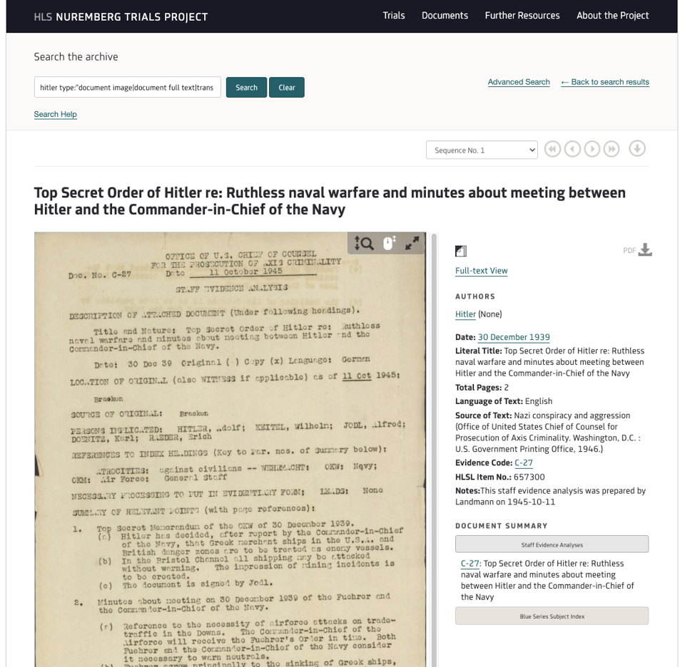 Screenshot of the Nuremberg War Trial archive showing a faded typed written memo and the metadata around it.