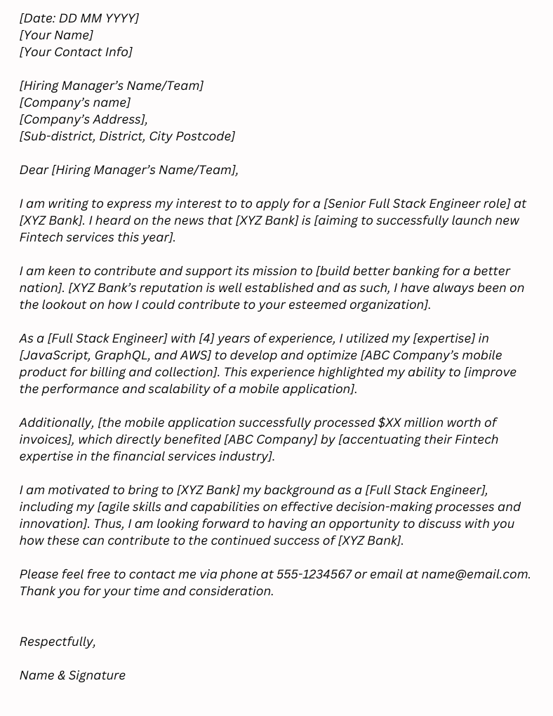 A formal cover letter expressing interest in a Senior Full Stack Engineer position, highlighting relevant experience and skills.