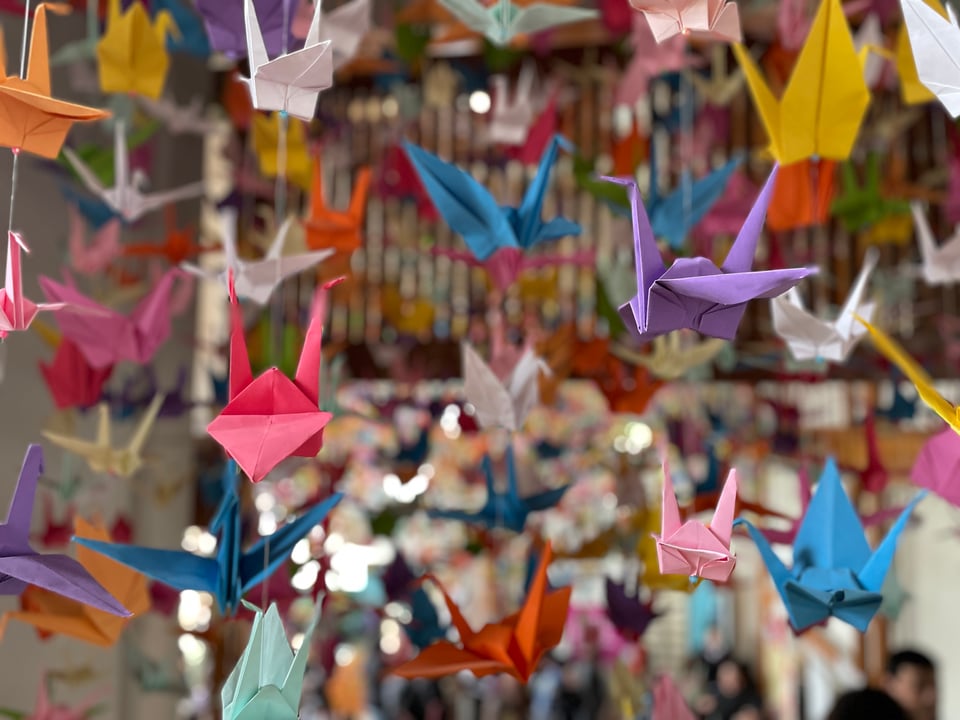 Colorful origami cranes hanging - the ones in front are in focus, all in the back are blurred in the background.