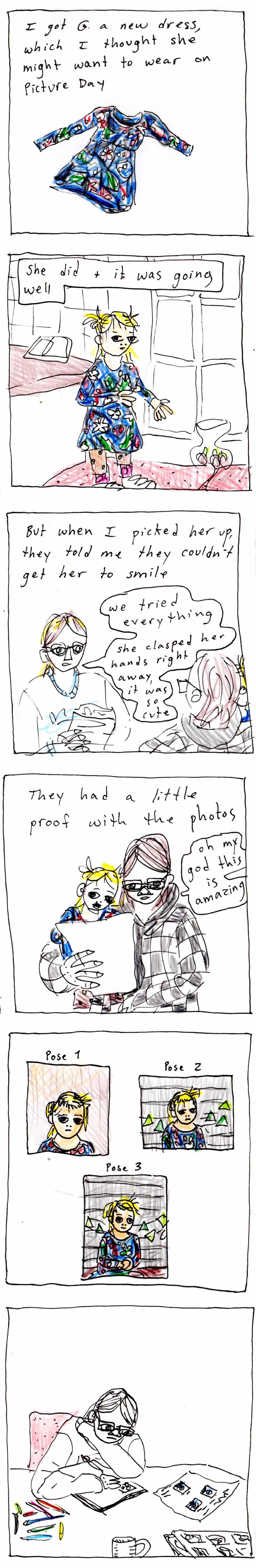 6 diary comic frames; story is about toddler wearing a new dress to daycare for Picture Day.