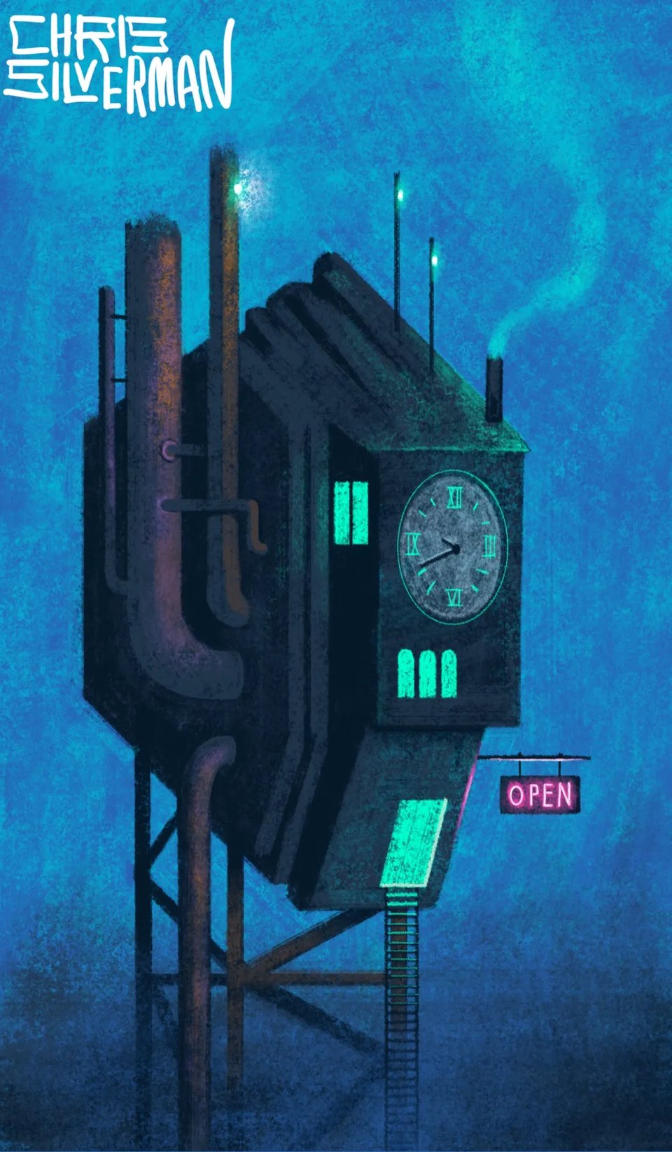 An artwork done in a slightly eerie cartoony style. It shows a clockwork tower that's dark and metallic, with large pipes sticking out the sides and glowing green windows. It stands on stilts and has a ladder leading to a glowing entracne. It looks moody and sci-fi. The author's name is in the top right hand corner, Chris Silverman