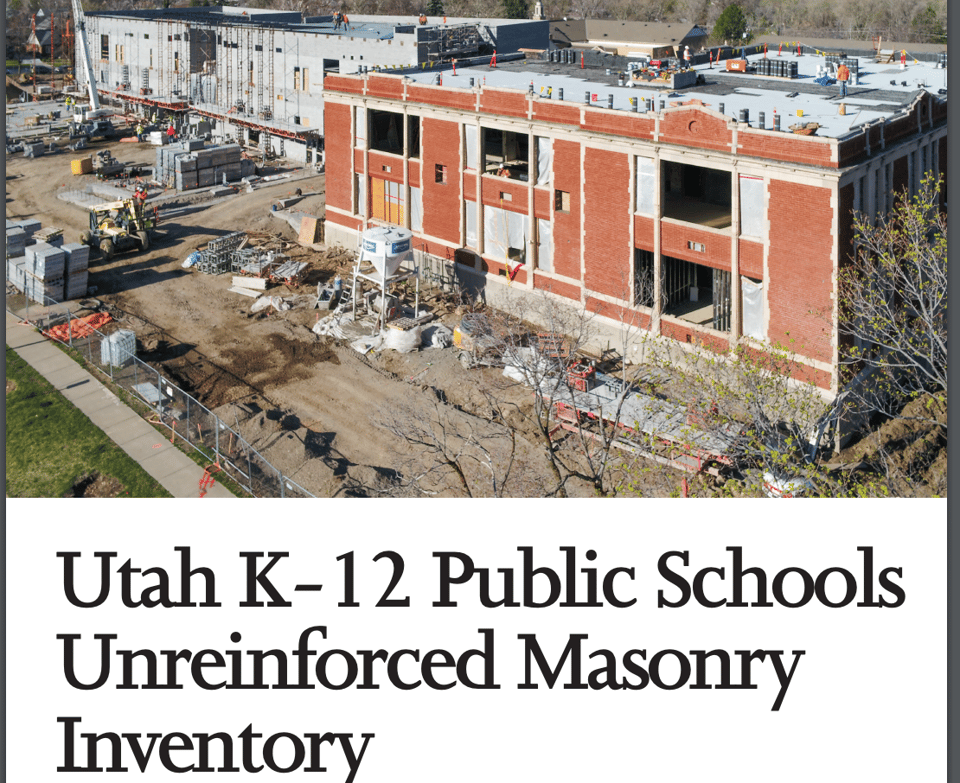 Cover of the Utah Public Schools Unreinforced Masonry Inventory, showing school construction