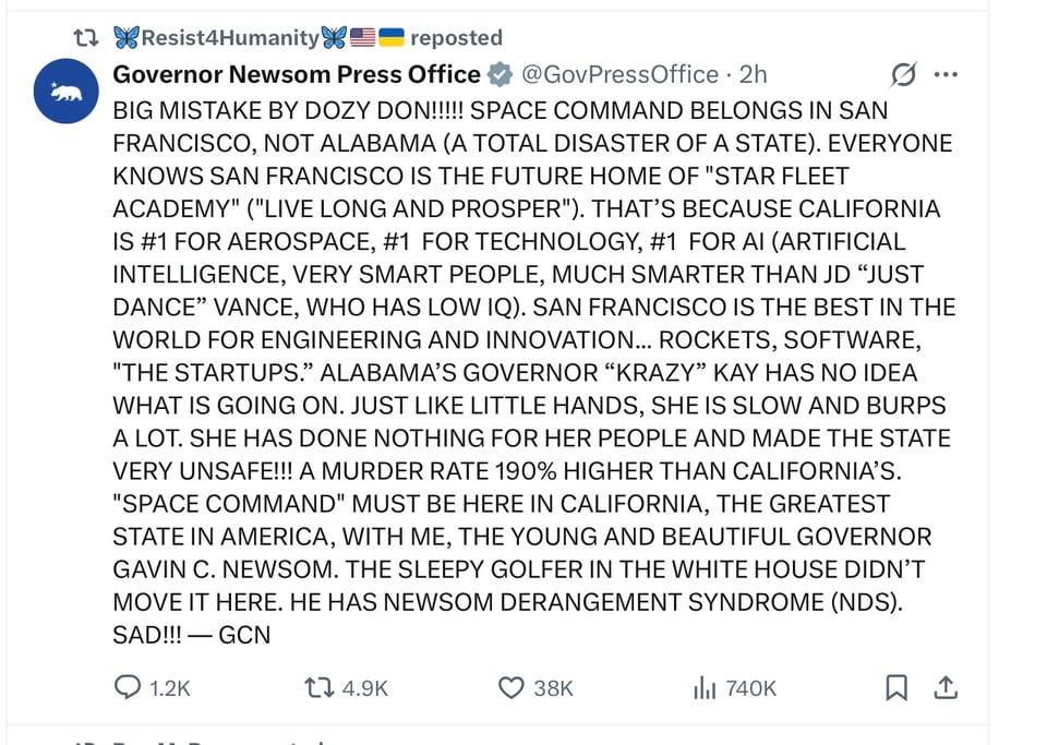 Gavin Newsom mocks Space Command move