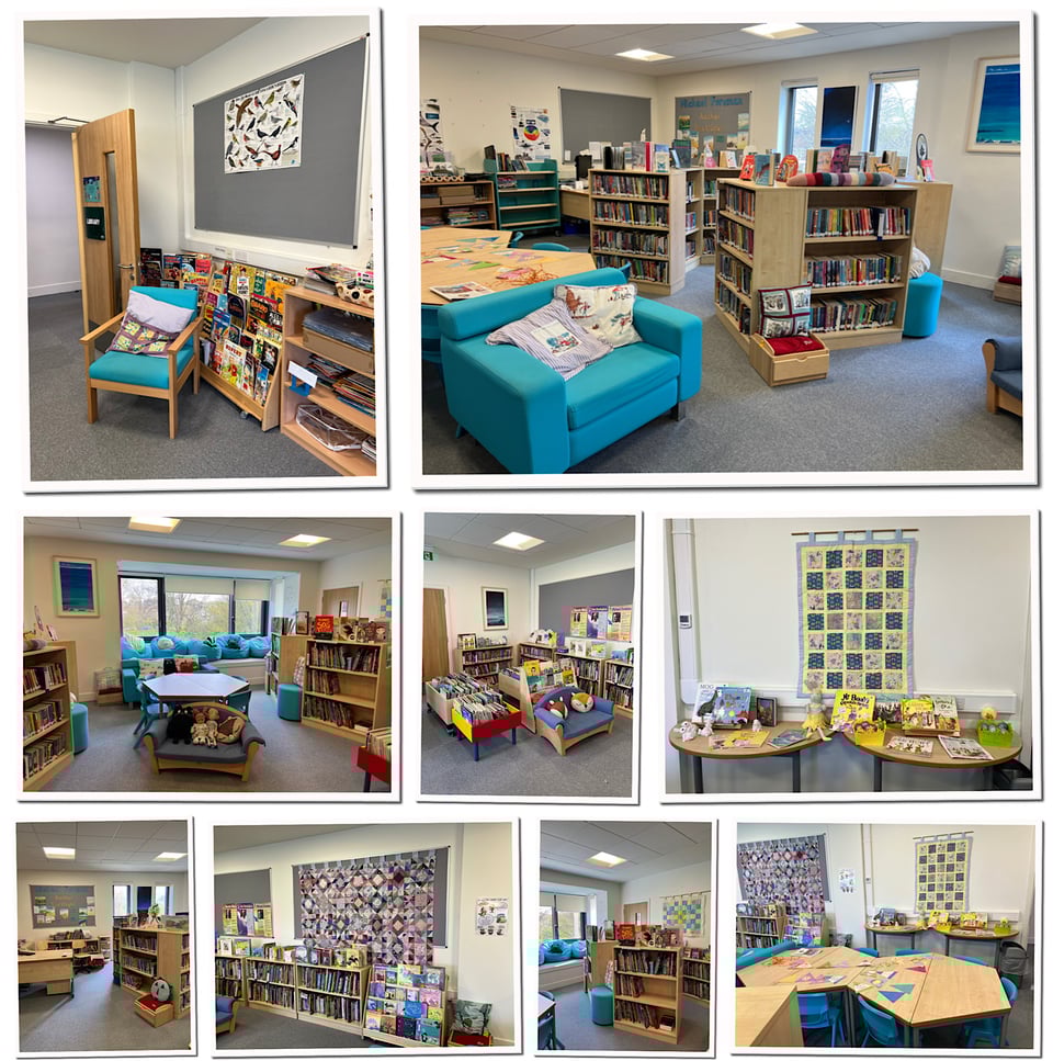Selection of images of inside of Oasis Academy Library, showing off the furnishings, and of course the books