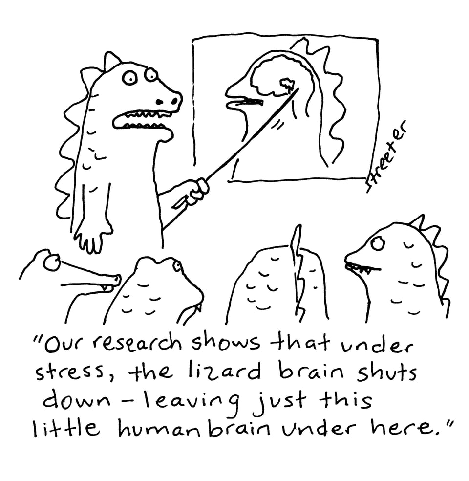Cartoon of lizard discussing the human brain
