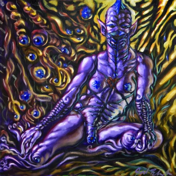 Painting of a purple humanoid alien seated leaning figure facing you, delineated with green vines in a swirling abstract yellow environment, sprouting blue eyes and eight petalled flowers. They have elf ears, black eyes, plantlike form where their mouth would be, a blue cockscomb, heart on their chests, and a cloudlike, swirling segmentation to their body and face.