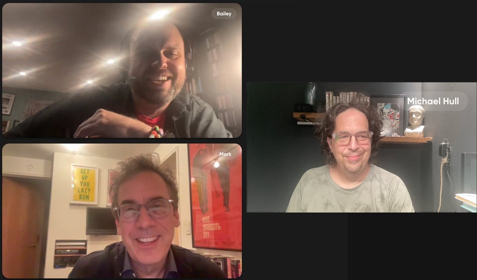 Guest Mark Harris with co-hosts Jason Bailey and Mike Hull.
