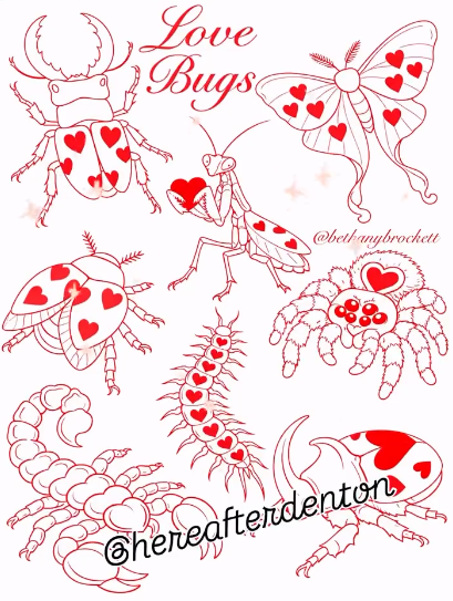 Love Bug tattoo flash sheet for Valentine's Day