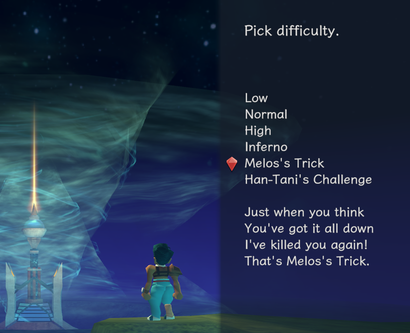 Difficulty select of Angeline Era. "Melos's Trick" is selected: it says: "Just when you think you've got it all down, I've killed you again! that's melos's trick.