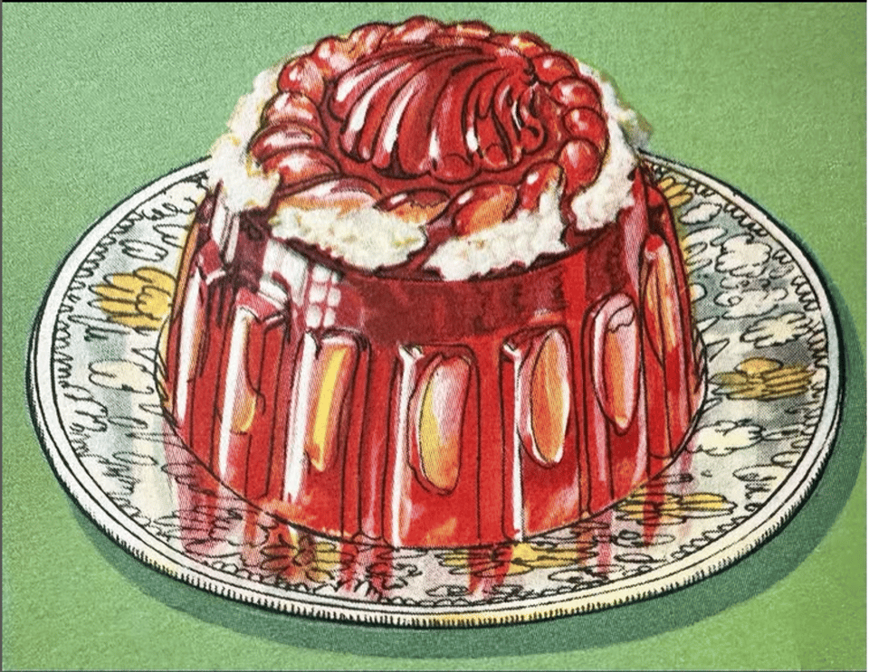 Illustration of a red jelly pudding on a flowery plate.