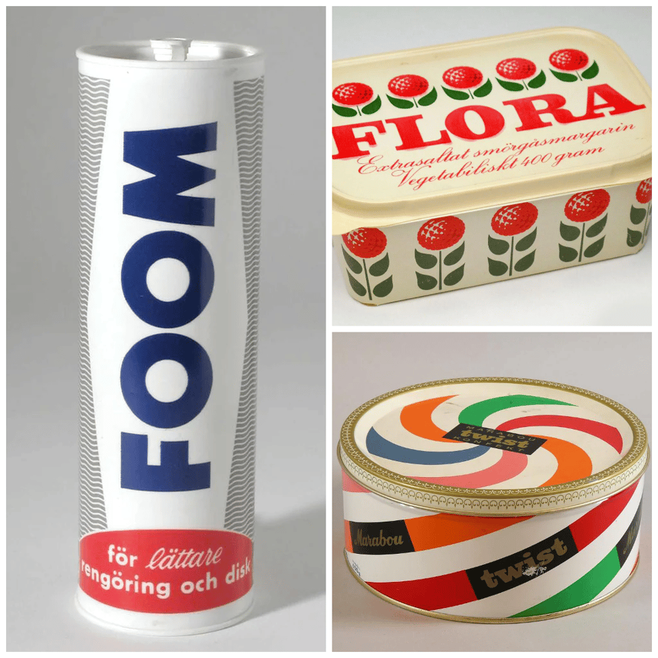 Three pictures of products. One is a cylinder with bright bright chunky blue letters spelling “FOOM”. The second is a margarine canister decorated with pop art red flowers that have small green leaves. The third is a flat cylindrical canister of the sort you would find containing candies or a cake; it is decorated with a pin wheeled pattern and the product name is “twist”