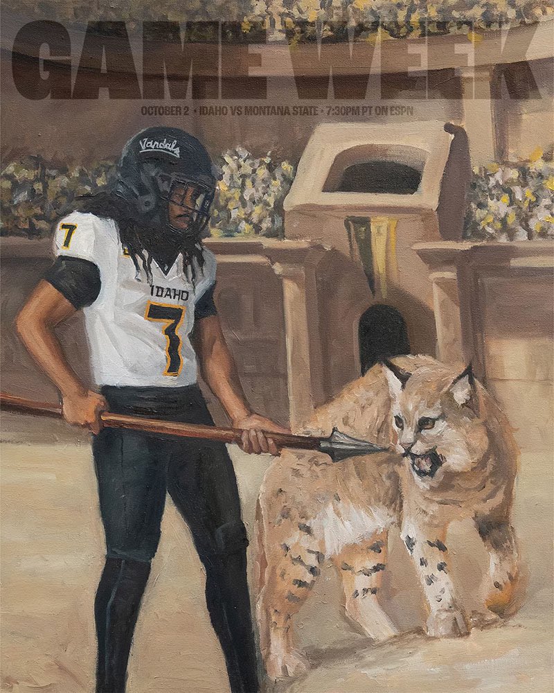 oil painting with football player and bobcat
