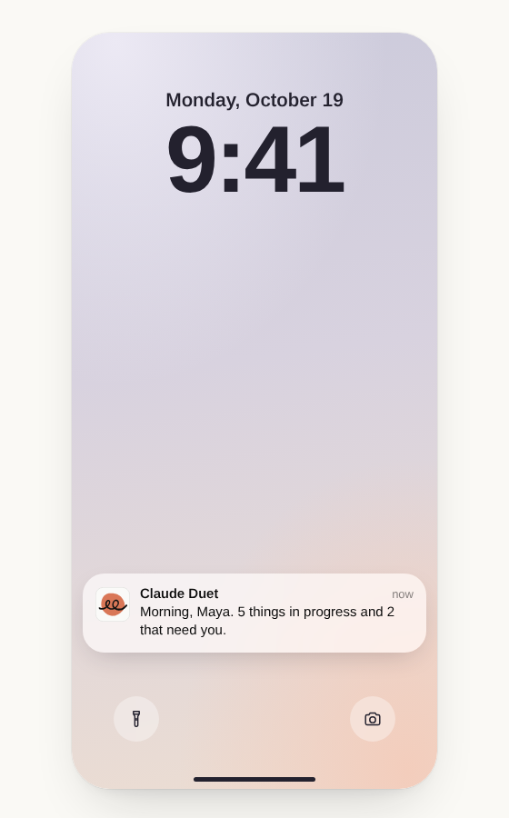 Notificación de Claude Duet en un teléfono: 5 tareas en curso y 2 que te necesitan