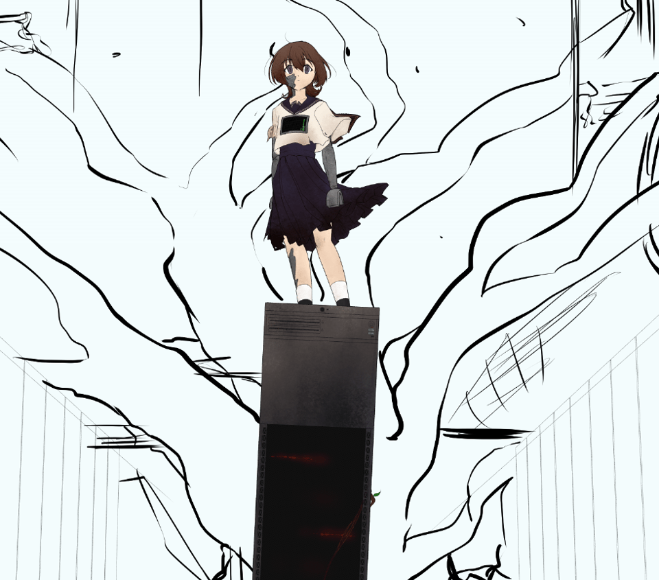 WIP of 7388 key art featuring merope standing on rhode in an AI datacenter overrun by nature