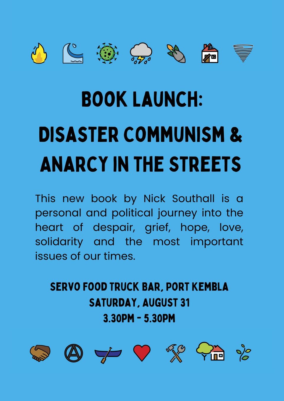 A leaflet in blue and decorated with emojis advertising the book launch in Port Kembla with details as described in the text above.