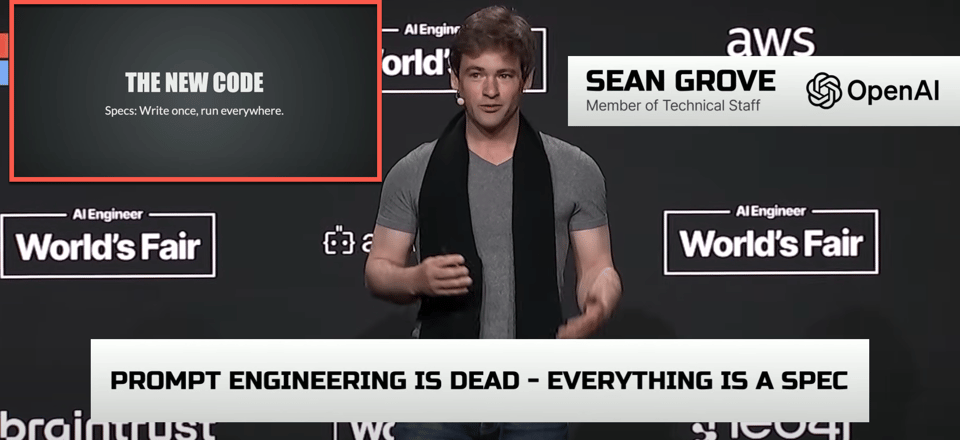 Sean Grove of OpenAI presenting his talk "The New Code" at OpenAI DevDay