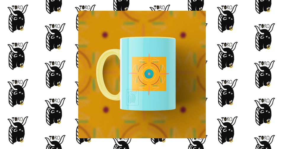 Image of a multicolored geometric Taino design on a turquoise and yellow ceramic mug- with handle facing left- on a colorful blurred background.  Behind that image is a repeating pattern of the TORO logo on a white background.